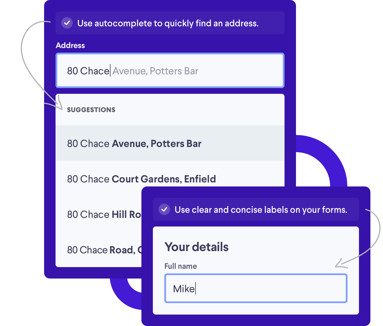 There are two examples of the types of things we look for in your product. The first example shows an example of an autocomplete address finder, which is great for helping user find an address quickly. The second example shows how using a full label on your form inputs can remove any confusion about the information required.