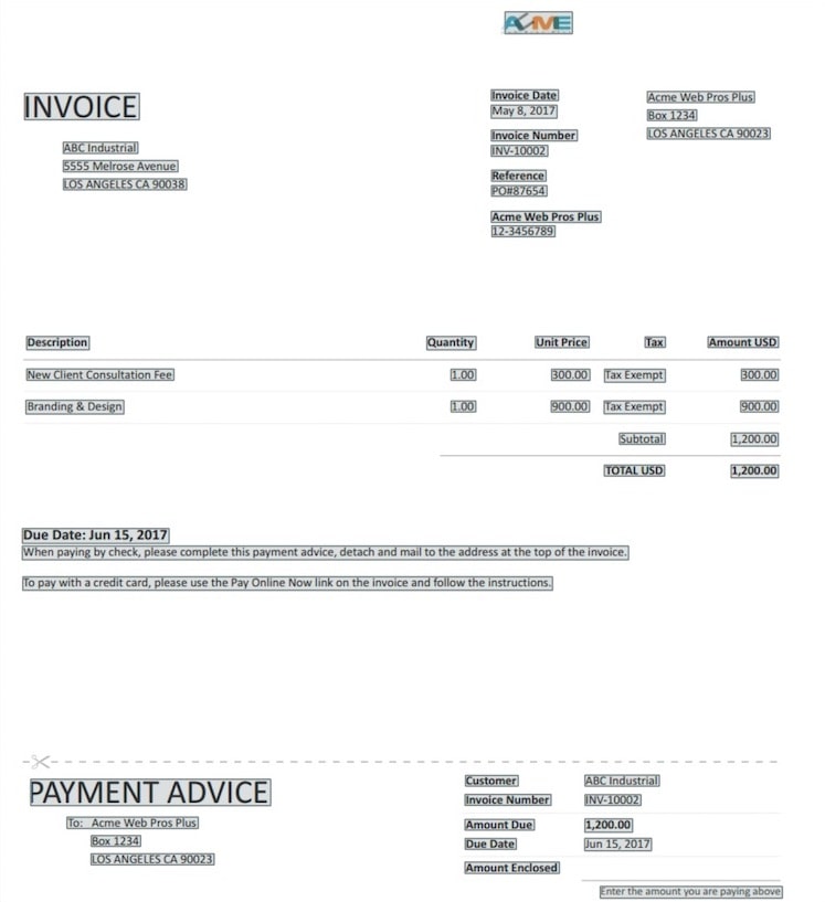 An invoice processed by Amazon Textract