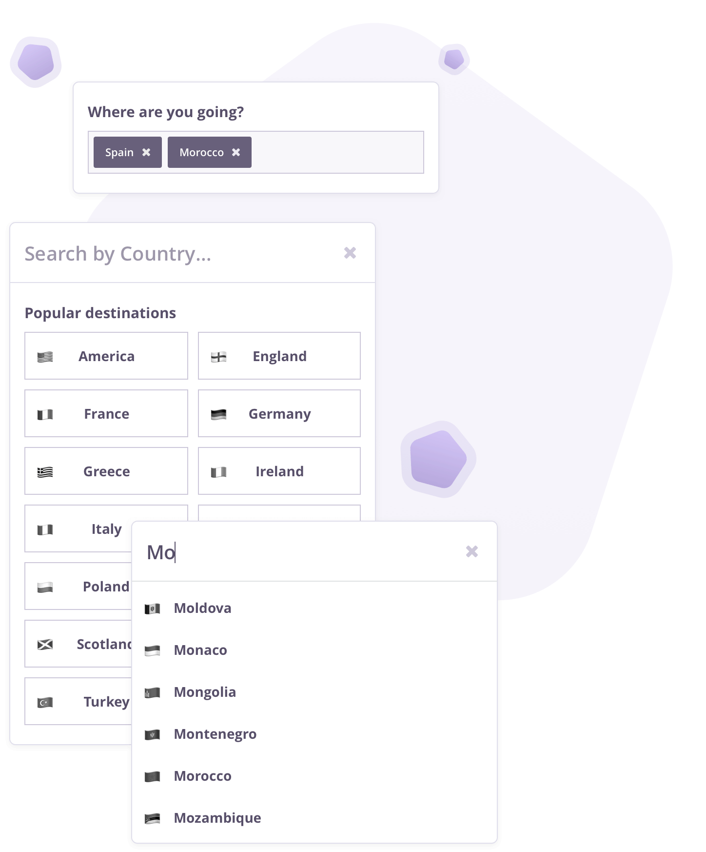 Suggested destinations based on the most popular choices of 4/5 customers. There is also an autocomplete search field to help customers find their destination.