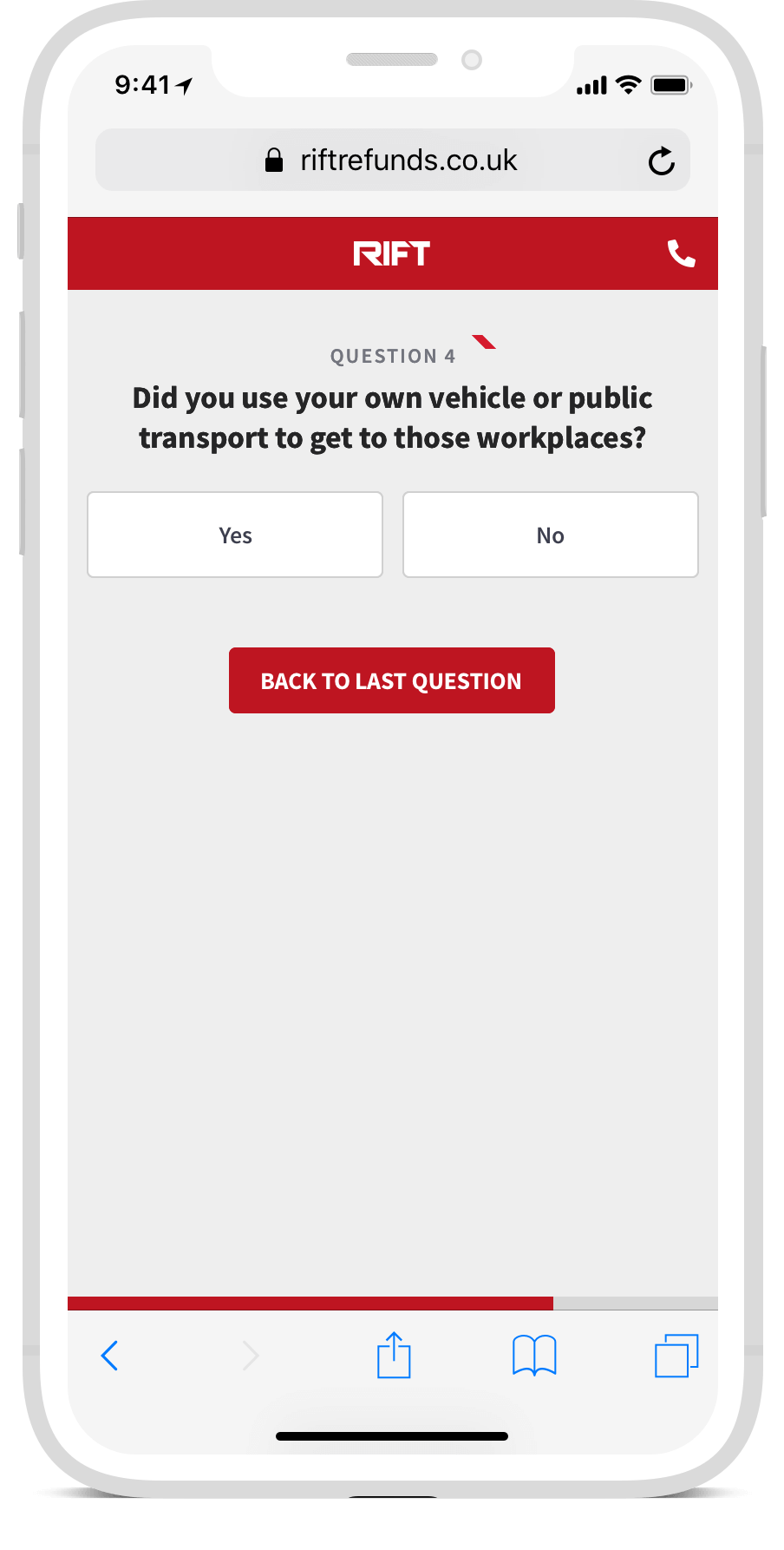 A mobile screen showing one of the steps from the initial eligibility questionaire. Did you use your own vehicle or public transport to get to those workplaces?