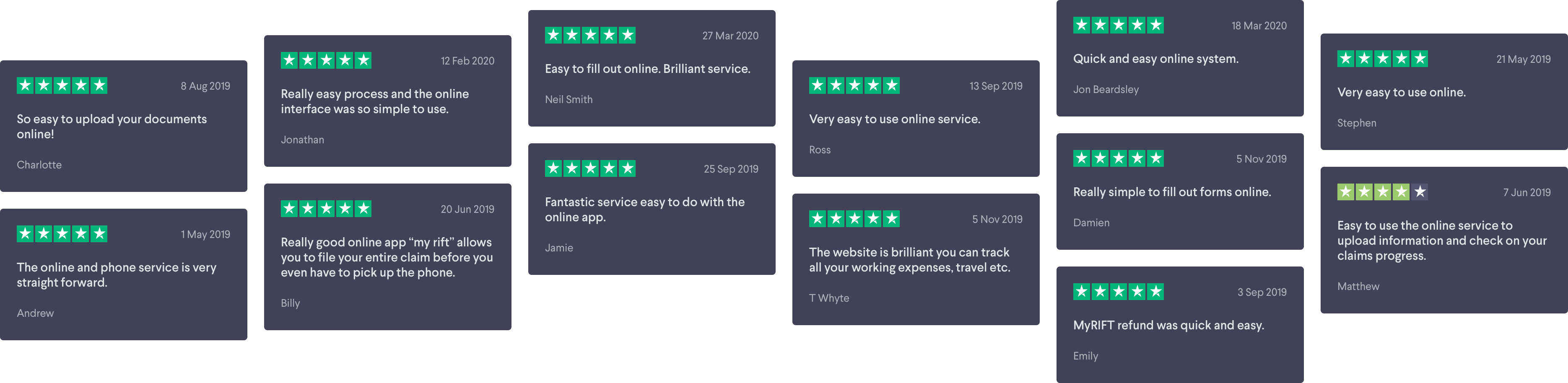 A collection of positive Trustpilot reviews. They all show a five star rating except for one, which offers a four star rating instead.