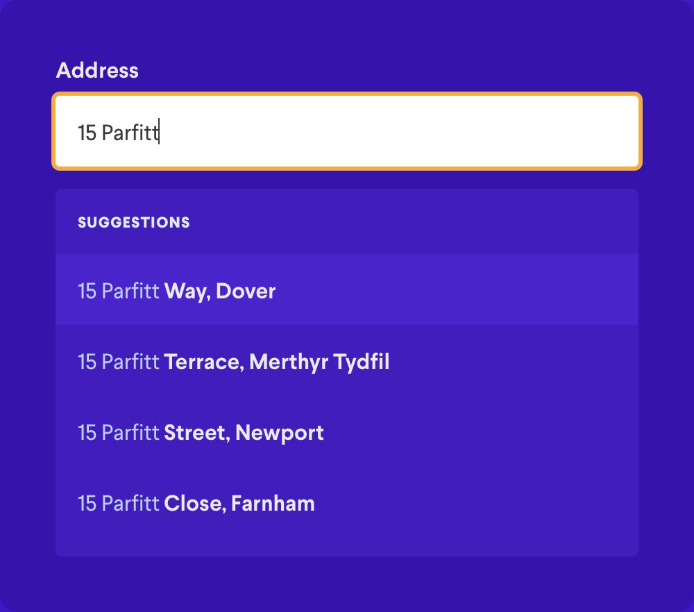 Automated address lookup suggestions, demonstrating how quickly capturing well structured address information can be achieved on the web.