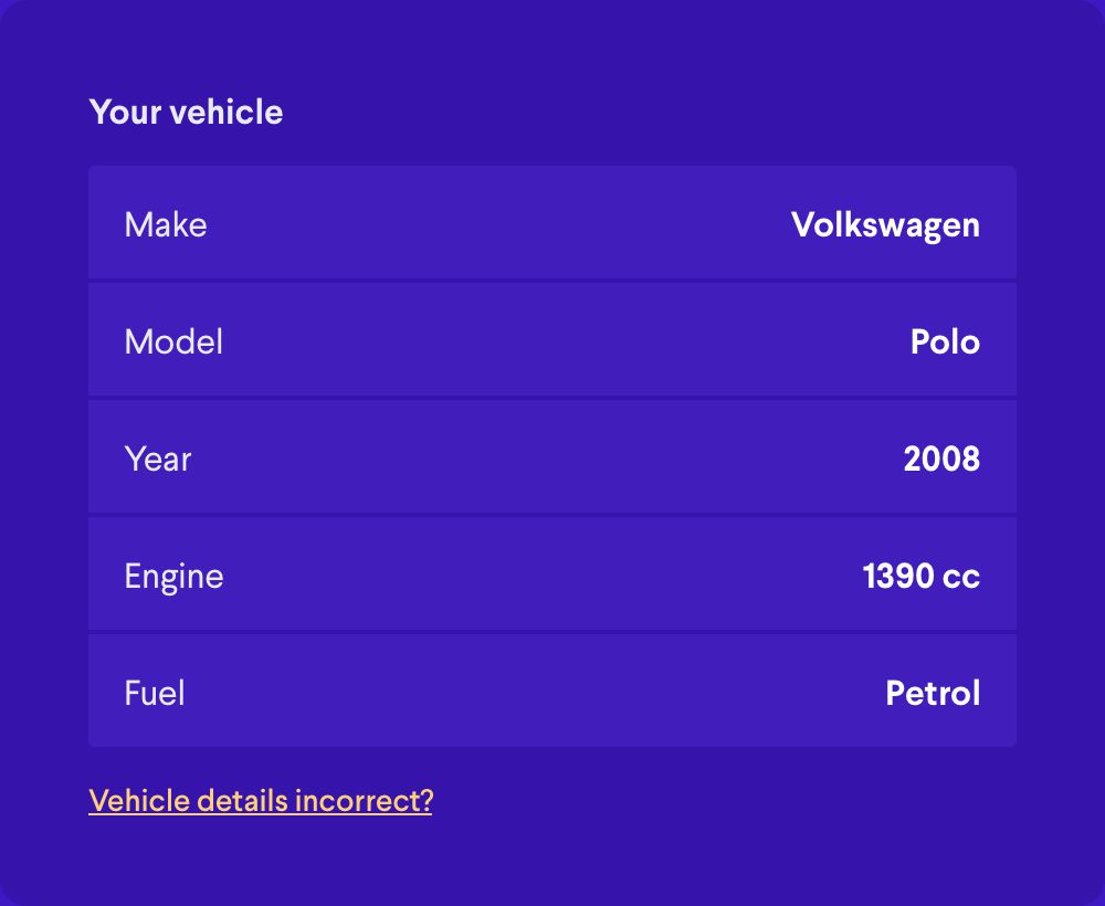 Car details generated via a car registration lookup, demonstrating how useful information can be automatically retrieved for users.